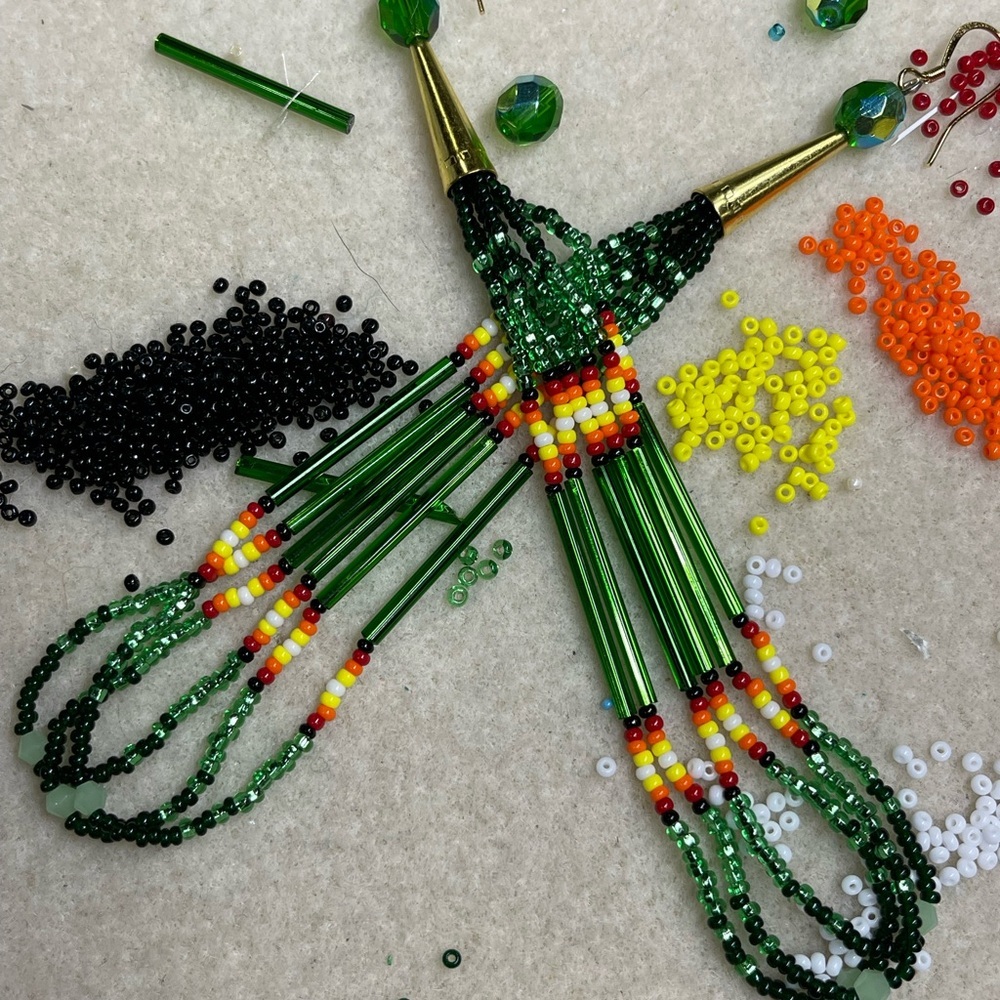 Handcrafted Green Beaded Earrings - Picture 2 of 2